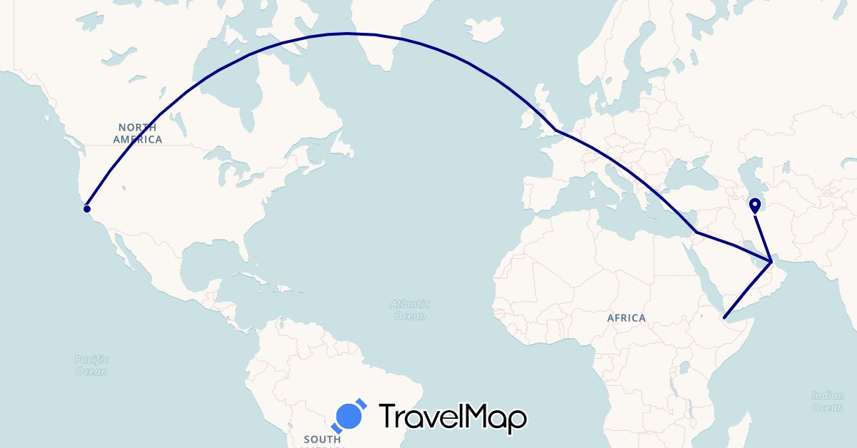 TravelMap itinerary: driving in United Arab Emirates, Djibouti, United Kingdom, Iran, Jordan, United States (Africa, Asia, Europe, North America)
